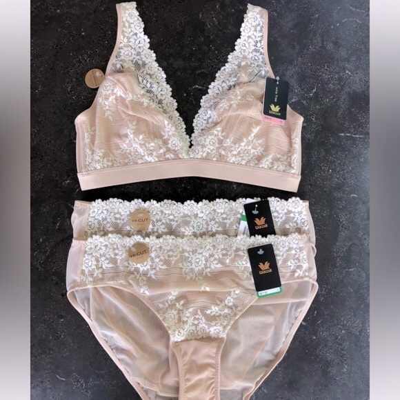 3 Piece - Wacoal lace-trimmed bralette & 2pair matching high-cut panties, “sand” - Picture 10 of 14